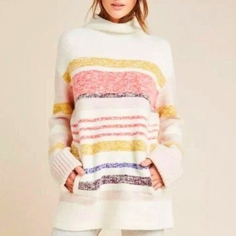 Anthropologie Elana Striped Mock Neck Sweater S Wool Alpaca Blend Oversized Cozy